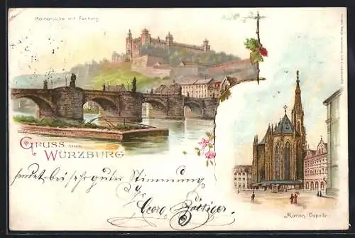 Lithographie Würzburg, Alte Mianbrücke mit Festung, Marien-Capelle