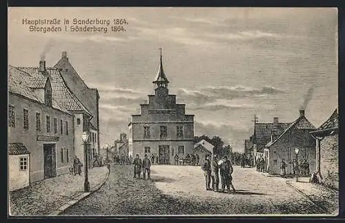 Lithographie Sonderburg, Hauptstrasse mit Besuchern