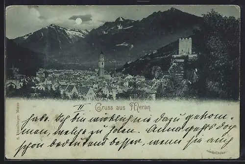 Mondschein-AK Meran, Ortsansicht mit Bergpanorama