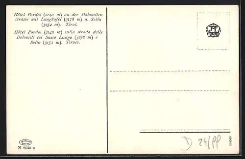 AK Pordoi, Hotel Pordoi mit Langkofel und Sella