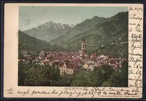 Lithographie Meran, Gesamtansicht vom Berg aus