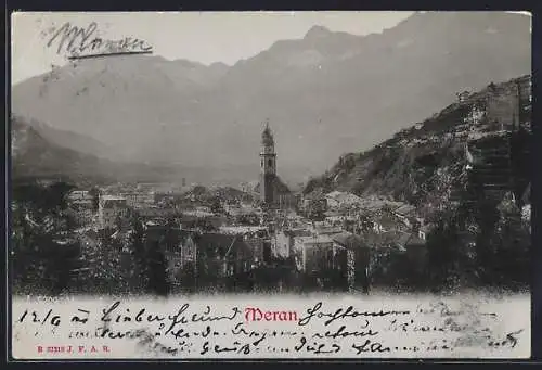 AK Meran, Ortsansicht gegen die Berge