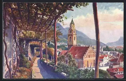 Künstler-AK Meran, Blick zur Pfarrkirche