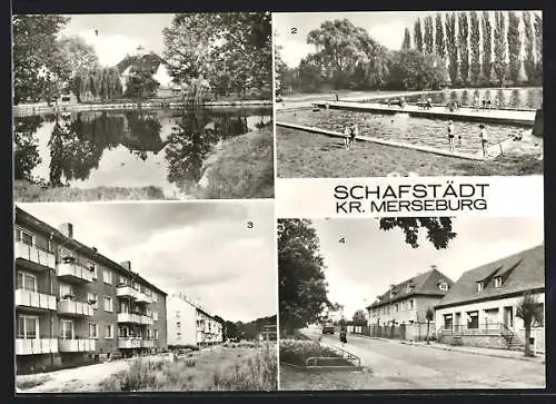 AK Schafstädt /Kr. Merseburg, Stadtbad, Neubauten Merseburger Strasse, Bahnhofstrasse