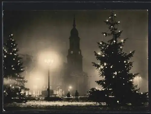 AK Dresden, Altmarkt mit Kreuzkirche zur Weihnachtszeit