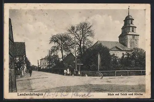 AK Landwehrhagen, Blick auf Teich und Kirche