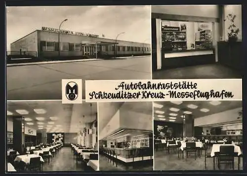 AK Schkeuditz, Autobahnraststätte Schkeuditzer Kreuz-Messeflughafen, Aussen- u. Innenansichten