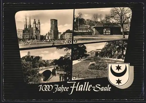 AK Halle /Saale, 1000 Jahre Festpostkarte, Marktplatz, Burg Giebichenstein, Zoo, Theater