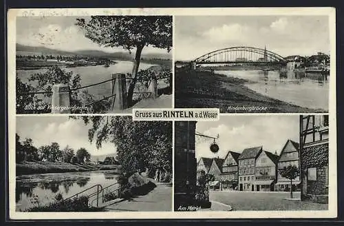 AK Rinteln, Am Markt, Hindenburgbrücke über die Weser