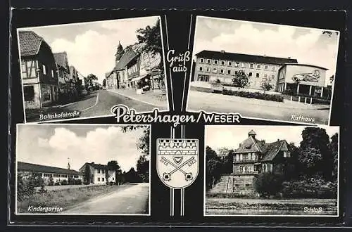 AK Petershagen /Weser, Bahnhofstrasse, Rathaus, Wappen