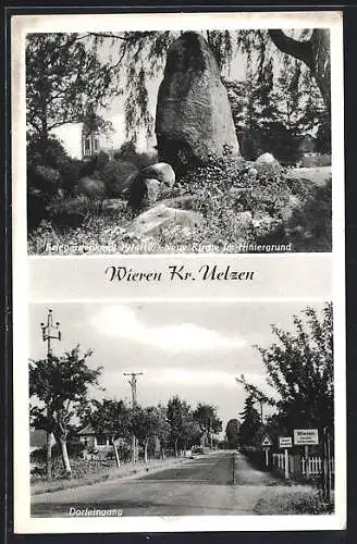 AK Wieren /Uelzen, Kriegerdenkmal und Neue Kirche, Dorfeingang