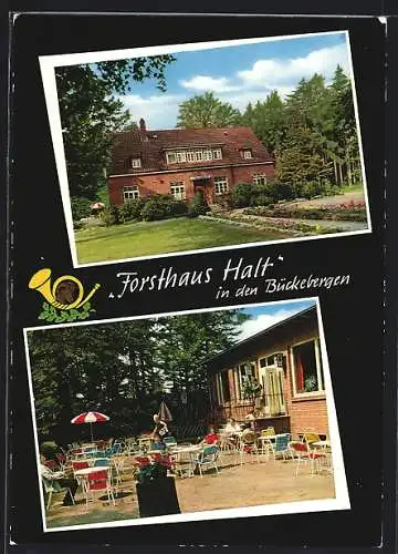 AK Hörkamp-Langenbruch über Stadthagen, Das Gasthaus Forsthaus Halt, mit Terrasse