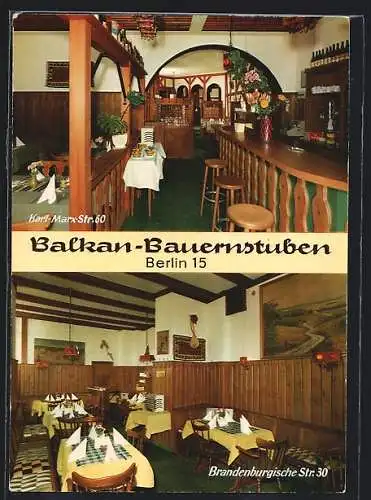 AK Berlin-Neukölln, Restaurant Balkan-Bauernstuben v. V. Stanko, Innenansichten der zwei Filialen, Karl-Marx-Str. 60