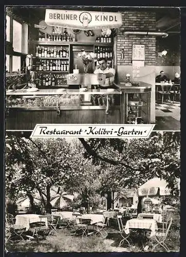 AK Berlin-Buckow, Das Restaurant Kolibri-Garten v. E. u. D. Paschirbe, Bar- und Gartenansicht, Kolibriweg 8