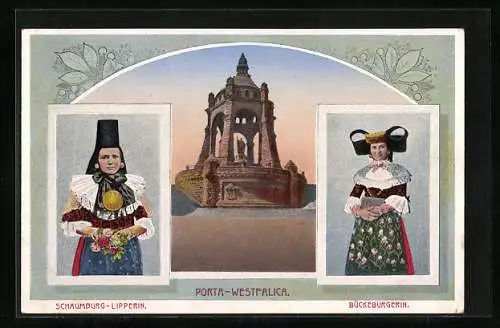 AK Frauen in Trachten aus Bückeburg und Schaumburg-Lippe, Kaiser Wilhelm-Denkmal