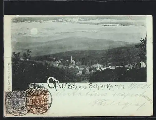 Mondschein-AK Schierke a. H., Blick nach dem Ort im Vollmondlicht