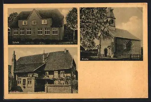 AK Evern / Sehnde, Schule, Gasthaus zur Post, Kirche St. Georg