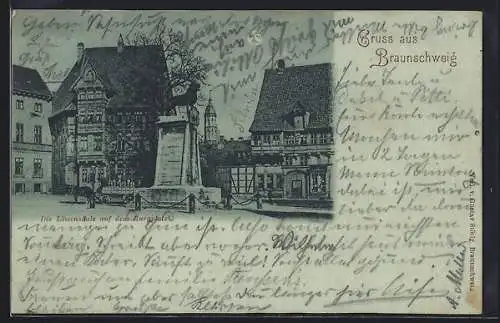 Mondschein-AK Braunschweig, die Löwensäule aud dem Burgplatz