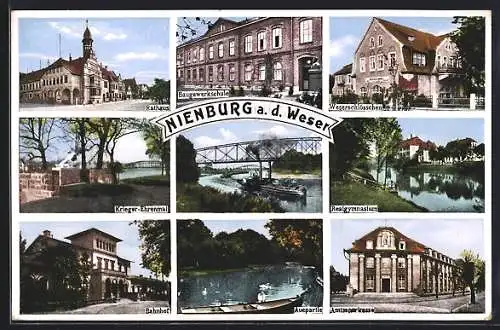 AK Nienburg a. d. Weser, Bahnhof, Realgymnasium, Amtssparkasse, Weserschlössschen, Krieger Ehrenmal, Baugewerkschule