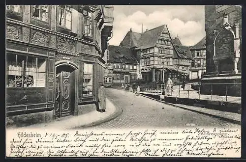 AK Hildesheim, Blick auf den Andreasplatz, Geschäft August Meyer