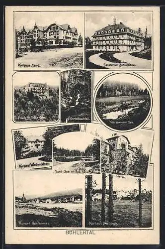 AK Bühlertal, Kurhaus Sand, Sanatorium Bühlerhöhe, Kurhotel Wiedenfelsen, Kurhaus Plättig, Gertelbachfall