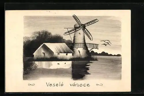 Künstler-AK Handgemalt: Mühle am Wasser, Vesele vanoce Schablonenmalerei