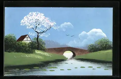 Künstler-AK Handgemalt: Flusslandschaft mit Brücke, Schablonenmalerei