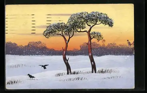 Künstler-AK Handgemalt: Winterlandschaft mit Raben, Schablonenmalerei