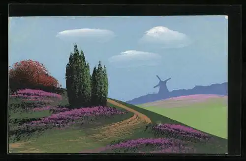 Künstler-AK Handgemalt: Landschaft mit Blumenpracht, Schablonenmalerei