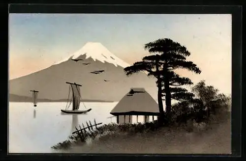 Künstler-AK Handgemalt: Blick auf den Fuji, Schablonenmalerei