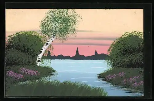 Künstler-AK Handgemalt: Birke am Wasser, Panorama einer Stadt, Schablonenmalerei