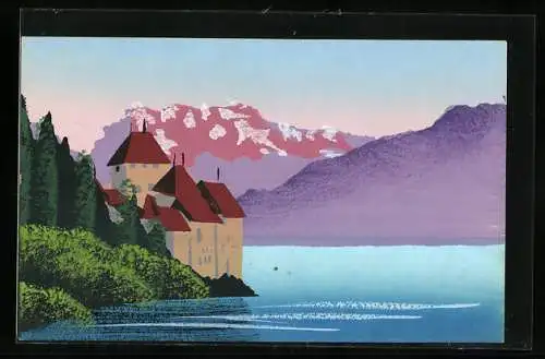 Künstler-AK Handgemalt: Burg an einem Bergsee, Schablonenmalerei