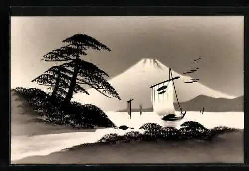 Künstler-AK Handgemalt: Japanische Landschaft mit dem Fuji, Schablonenmalerei