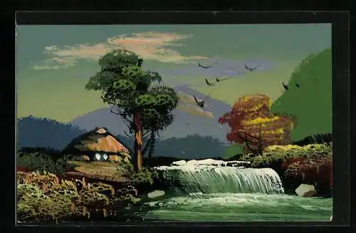 Künstler-AK Handgemalt: Japanische Landschaft mit Wasserfall, Schablonenmalerei