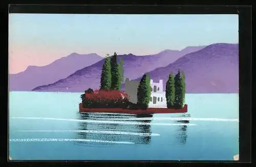 Künstler-AK Handgemalt: Insel mit Pappeln auf einem See, Schablonenmalerei