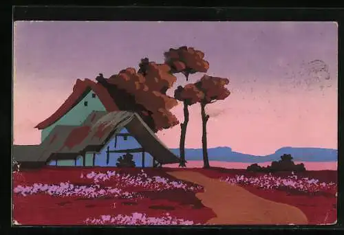 Künstler-AK Handgemalt: Haus am Weg vor rotem Himmel, Schablonenmalerei