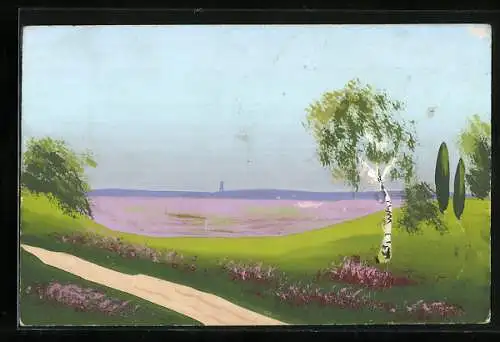 Künstler-AK Handgemalt: Birke vor einem See, Schablonenmalerei