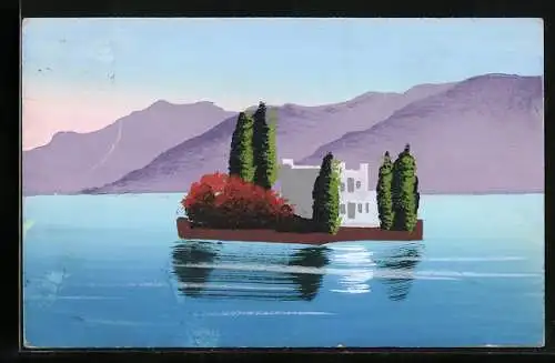 Künstler-AK Handgemalt: Insel mit Pappeln, Schablonenmalerei