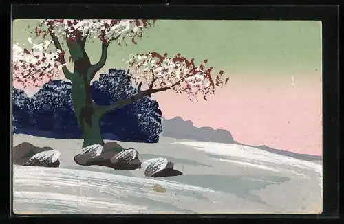 Künstler-AK Handgemalt: Baum mit Blüten, Schablonenmalerei