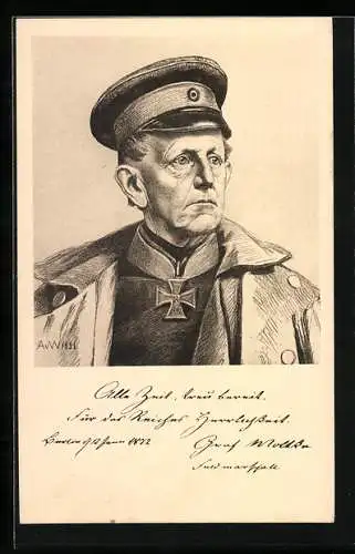 Künstler-AK General Moltke in Uniform, Ganzsache Bayern 5 Pfennig