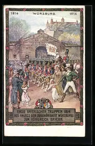 Künstler-AK Würzburg, Festpostkarte zur Jahrhundertfeier 1914, Einzug Bayer. Truppen 1814, Ganzsache Bayern 5 Pfennig