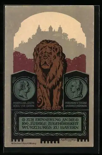 Künstler-AK Würzburg, Erinnerung an die 100jäh. Zugehörigkeit zu Bayern, Löwenskulptur, Ganzsache Bayern 5 Pfennig