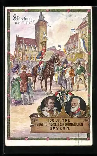 Künstler-AK Würzburg, Jahrhundertfeier 1914, 100 Jahre Zugehörigkeit zum Königreich Bayern, Ganzsache Bayern 5 Pfennig