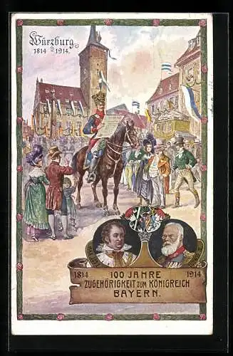 Künstler-AK Würzburg, Jahrhundertfeier 1914, 100 Jahre Zugehörigkeit zum Königreich Bayern, Ganzsache Bayern 5 Pfennig