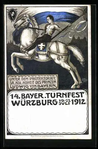 Künstler-AK Würzburg, 14. Bayer. Turnfest 1912, Turner auf Pferd, Ganzsache Bayern 5 Pfennig