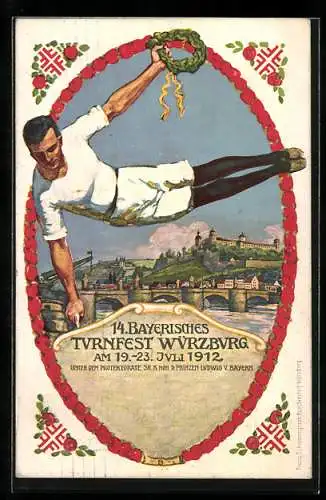Künstler-AK Würzburg, 14. Bayer. Turnfest 1912, Seitpferdturner, Ganzsache Bayern 5 Pfennig