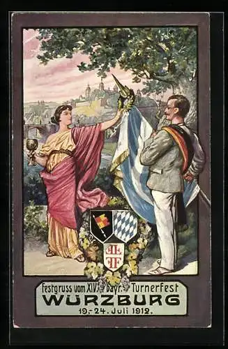 Künstler-AK Ganzsache Bayern PP27C64 /02: Würzburg, XIV. bayr. Turnerfest 1912, Lorbeerkranz für siegreichen Turner