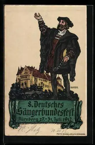 Künstler-AK Nürnberg, 8. Deutsches Sängerbundfest 1912, Musiker Adolf Oscar Hoffmann, Ganzsache Bayern 5 Pfennig