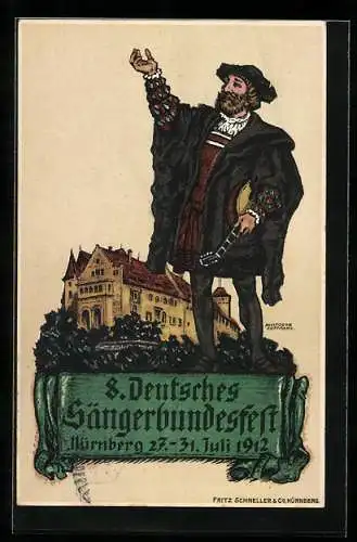 Künstler-AK Nürnberg, 8. Deutsches Sängerbundfest 1912, Musiker Adolf Oscar Hoffmann, Ganzsache Bayern 5 Pfennig
