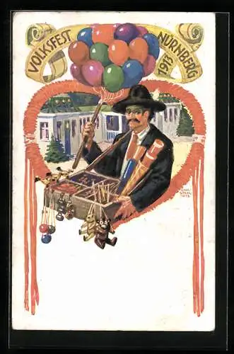 Künstler-AK Nürnberg, Volksfest 1913, Luftballon- und Spielzeugverkäufer, Ganzsache Bayern 5 Pfennig
